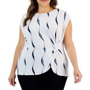 Alfani Plus Size Printed Side-Knot Cap-Sleeve Top